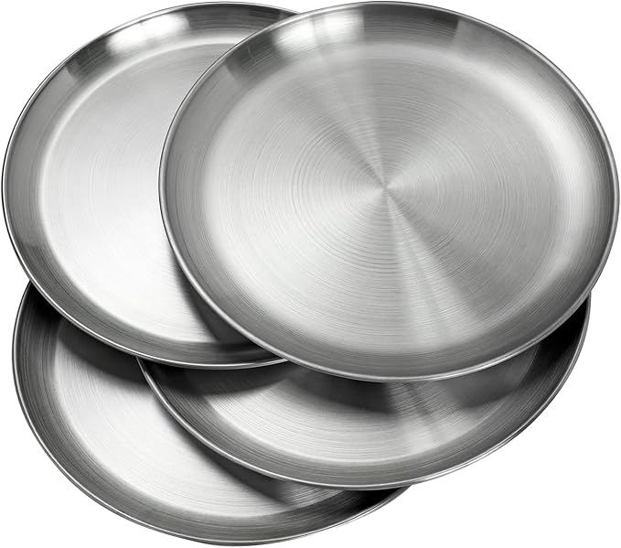 CAMBUY Stainless Steel Plates 9 inch 304 Metal Lightweight Unbreakable Dinner Dishes Plates Set Non-Toxin Dishwasher Safe BPA Free and Healthy (10 Pcs)
