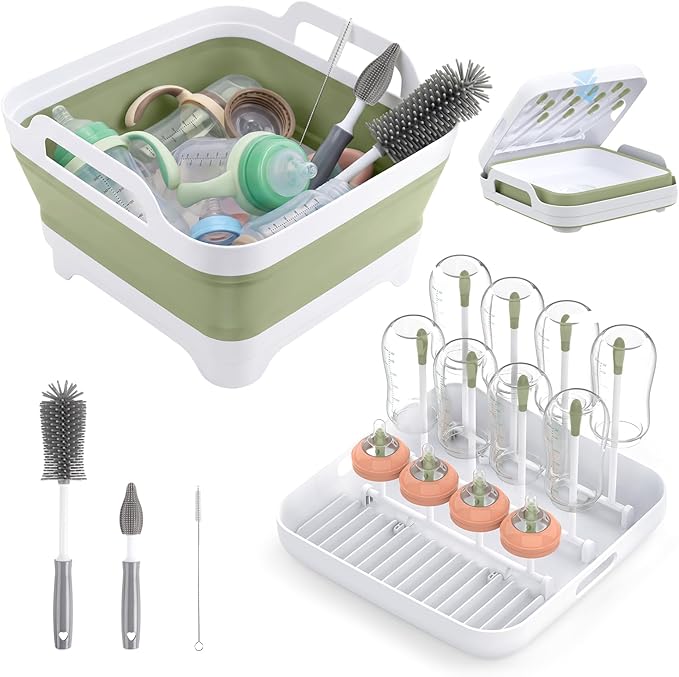 Collapsible Wash Basin for Baby Bottles with Drying Rack – 2.4 Gallon Foldable Dish Tub with Handles, Portable RV Camping Sink & Space-Saving Wash Bin with Lid for Kitchen, Travel & Outdoor, Green