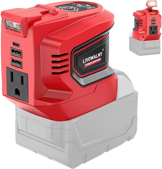 LIVOWALNY 200-250W Power Inverter Compatible with Milwaukee 18V Battery - DC 18V to AC 110-120V Portable Power Station with 1 AC Outlet - 2 USB 1 Type-C & LED Light for Camping Power Outage -Tool Only