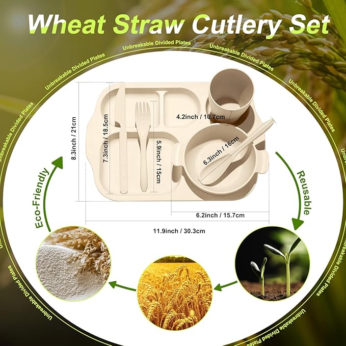 24 Pcs Wheat Straw Dinnerware Cutlery Set for Aldult Including Divided Plates Microwave Dishwasher Safe Bowl Unbreakable Tableware Straw Cutlery Spoon Knife Fork(Beige)