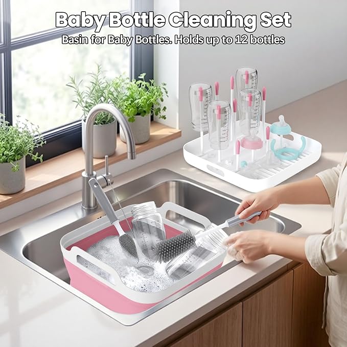 Volnamal Collapsible Wash Basin for Baby Bottles - Portable 2.4 Gallon Dish Basin with Drying Rack & Lid, Foldable RV Sink Tub for Camping, Sturdy Wash Tub for Kitchen, Camping, Outdoor Use(Pink)