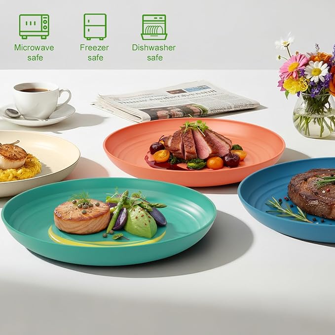 Wheat Straw Plates, 9 in Deep Dinner Plates Set of 6, Alternative Plastic Plates Reusable, Unbreakable Microwave and Dishwasher Safe Kids Plate for Kitchen, Camping, Multi