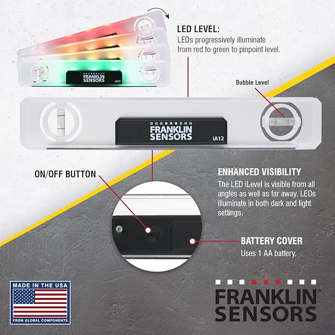 Franklin Sensors Light Level, Turns Green When Level, Digital/Electronic, 12-inch Magnetic Torpedo Leveler, Vertical and Horizontal Leveling Tool with 2 Bubble Vials, Made in the USA