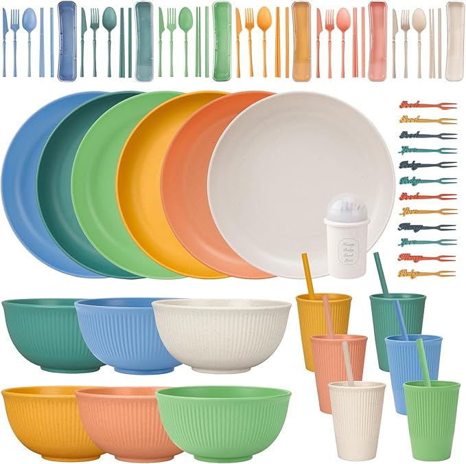 66pcs Unbreakable Tableware Sets for 6 People, Plastic Plates and Bowls Set,Lightweight Plastic Reusable Plates, Bowls, Cups,Cutlery Set, Straw, Forks,Children Dinnerware Set