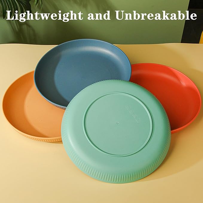 Dinner Plates Set of 4, 8 Inch Plastic Plates Reusable, Wheat Straw Plates, Dishwasher & Microwave Safe, Lightweight Salad Plates for Camping/Kitchen
