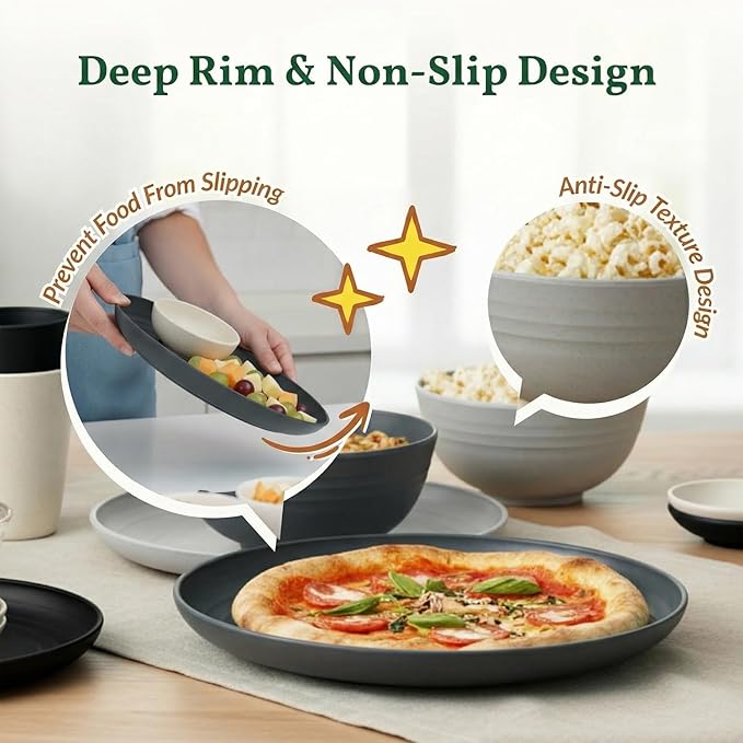 Homienly 40 PCS Wheat Straw Dinnerwave Sets for 8 Unbreakable Plates and Bowls Sets with Cups & Saucers, Microwave Dishwasher Safe Dishes Sets for Kitchen, Camping, RV, Party, Stackable (Gery Stone)