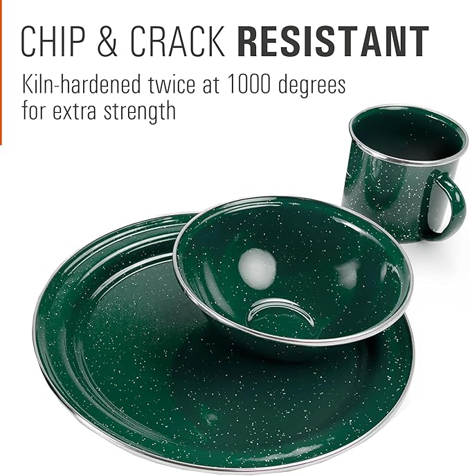 GSI Outdoors Pioneer Enamel 12 Pieces (4-Person) Dish Set I Enamelware Dishes Including Plates, Bowls and Mugs for Camping, Outdoors, RV, Camp, Green