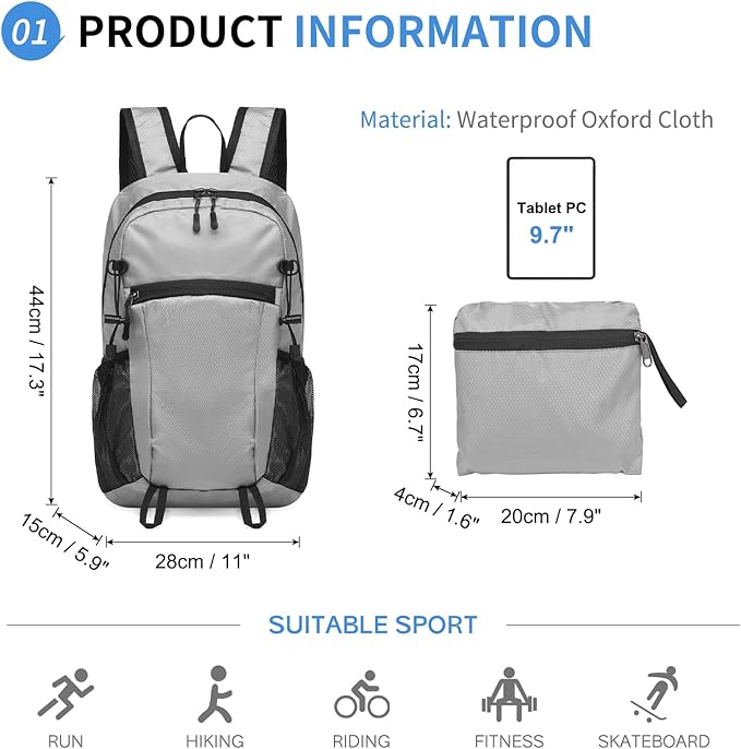 Hiking Daypack Packable, Camping Backpack Water Resistant Lightweight Polyester for Men Women Travel Outdoor