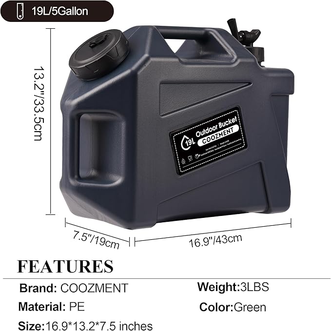 COOZMENT 3.2 Gallon/5 Gallon Water Containers with Spigot, BPA Free Water Jug, Military Green Water Tank, Multifunction Water Storage Containers for Camping Outdoor Hiking,Emergency Stroage