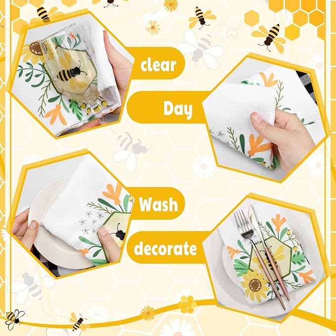 Oudain 6 Pcs Bee Kitchen Towels Honey Bee Kitchen Decor 15.8 x 23.6 Inches Dish Hand Tea Towels for Bathroom Home Housewarming Gifts