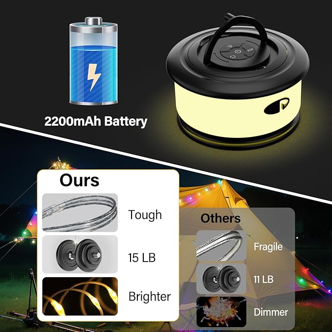 2 Pieces Camping String Lights, 3 in 1 Quick Storage 32.8FT Rechargeable Fairy String Lights with 6 Lighting Modes, Portable LED Lamp for Christmas Decor Patio Party Camping Essentials