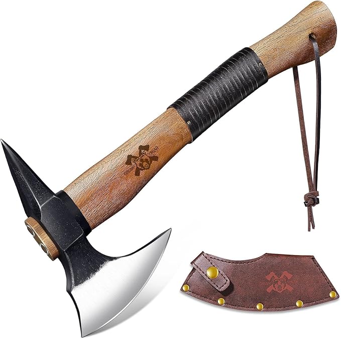 Grumpy Bear 15" Camping Hatchet, Survival Axe with Sheath, High Carbon Steel and Wood Handle, Anti-Slip Grip – Ideal for Bushcraft, Wood Splitting & Outdoor Adventures