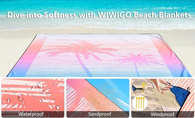 WIWIGO Beach Blanket Waterproof Sandproof Beach Mat 79" X 83"/10'x9'for 2-8 Adults Quick Drying Outdoor Picnic Mat Beach Accessories for Travel, Camping, Hiking