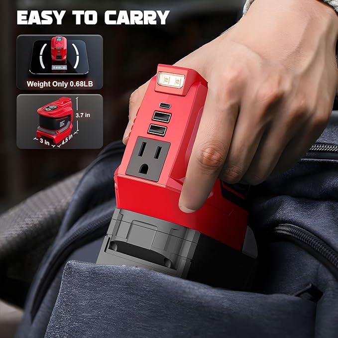 LIVOWALNY 200-250W Power Inverter Compatible with Milwaukee 18V Battery - DC 18V to AC 110-120V Portable Power Station with 1 AC Outlet - 2 USB 1 Type-C & LED Light for Camping Power Outage -Tool Only