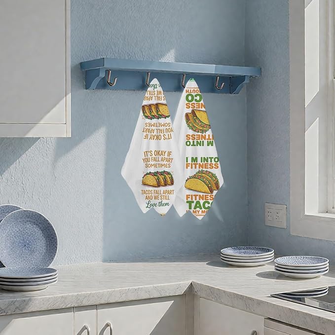 2PCS Taco Decorative Dish Towels, Funny Kitchen Accessories, Cinco De Mayo Decor, Tacos Waffle Weave Kitchen Decorative Tea Towels Taco Tuesday Gift for Housewarming Gift Tacos Lover Accessories