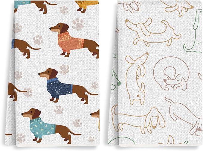 2PCS Cute Dachshund Kitchen Towels, Dog Mom Gifts for Women Reusable Absorbent Waffle Weave Dish Tea Towels for Cleaning, Microfiber Kitchen Towel, Weiner Dog Gifts for Women Dogs Lovers Friend