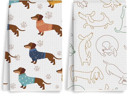 2PCS Cute Dachshund Kitchen Towels, Dog Mom Gifts for Women Reusable Absorbent Waffle Weave Dish Tea Towels for Cleaning, Microfiber Kitchen Towel, Weiner Dog Gifts for Women Dogs Lovers Friend