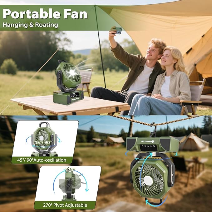 GEERTOP 20000mAh Portable Camping Fan Rechargeable, Battery Operated Tent Fans with LED Lantern for Outdoor Backpacking Travel