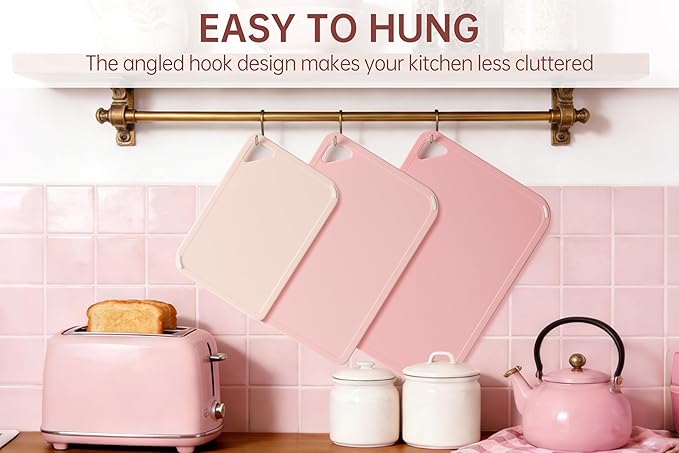 THETCHRY Plastic Cutting Board Set, Pink Cutting Board with Non-slip, Cutting Board for Kitchen Set of 3, Dishwasher Safe, BPA Free, Reversible, with Grip Handle, Pink