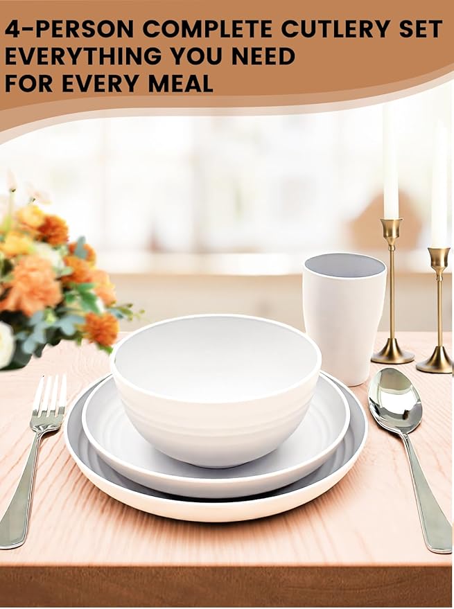 24 Pcs Dinnerware Set- Dinner Plates Set- Picnic & Camping- Unbreakable & Reusable- Includes 4x 9in, 4x 8in Plates, 4x 6in Bowls, 4 Cups, 4 Stainless Steel Forks and Spoons- Kitchen, Dorm, Office