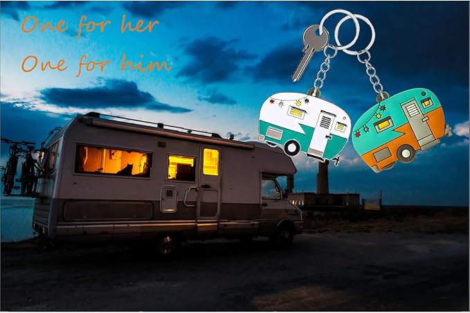 2 Pack Camper Keychain Set Happy RV Camper Keyring Couples Camping Accessories for Men Women Travel Trailers