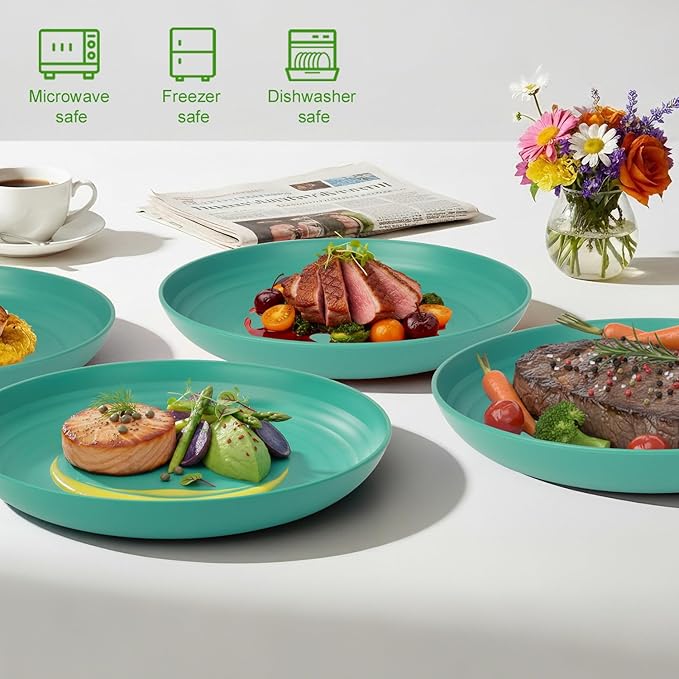 Unbreakable Dinner Plates 6-Piece Set, 10 Inch Wheat Straw Deep Plates, BPA-Free Reusable Plastic Plates, Microwave Safe Dishwasher Safe for Kids, Outdoor, Green