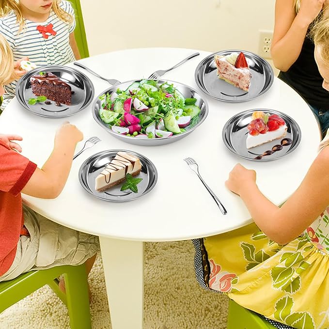 Patterned Deep Metal Camping Plates, 8 Pack 9.4 inch 201 Stainless Steel Plates, Reusable Pizza Food Serving Snack Eating Salad Dishes Round Shatterproof Silver Dinnerware Dinner Oven Safe