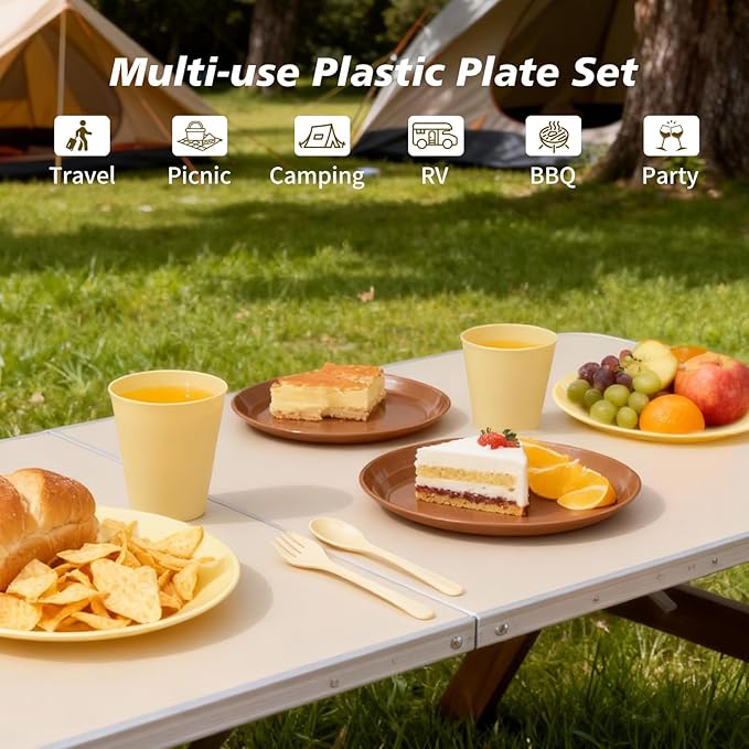 Camping Dishes Picnic Set, Camping Plates Cups and Bowls Set with Spoons and Forks, BPA Free, 17PCS Camping Mess Kit, Plastic Reusable Cutlery Set for 4, Portable Small Size, Not Microwave Safe