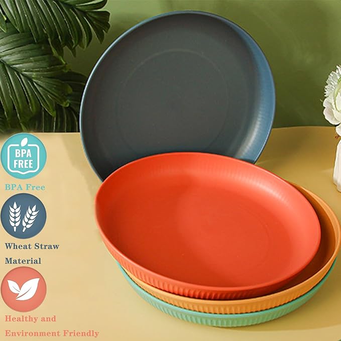 Dinner Plates Set of 4, 8 Inch Plastic Plates Reusable, Wheat Straw Plates, Dishwasher & Microwave Safe, Lightweight Salad Plates for Camping/Kitchen