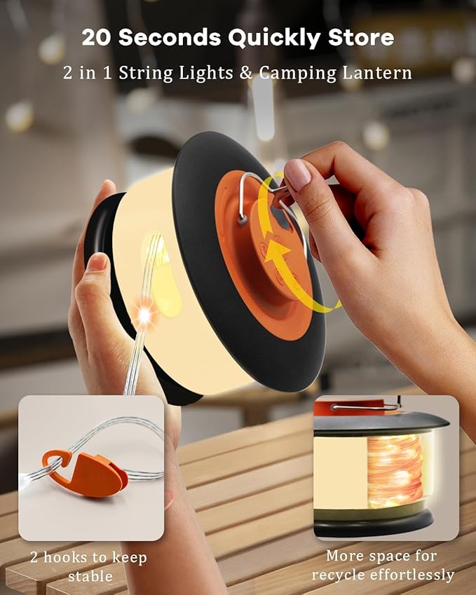 HOMEBEST Upgraded 33FT RGB Camping String Lights, Retractable Camping Lights with Music Sync, 19 Modes, Rechargeable Waterproof Tent Lights, Portable Camping Lantern for Tent, RV, Awning