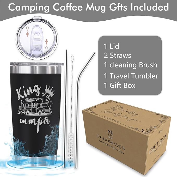 King of the Camper Tumbler, Perfect Camping Gifts for Men Dad Brother Husband Grandpa Outdoor Adventures Lovers, Christmas, Birthday Gifts for Campers, 20 oz Camping Tumbler with Lid Straws