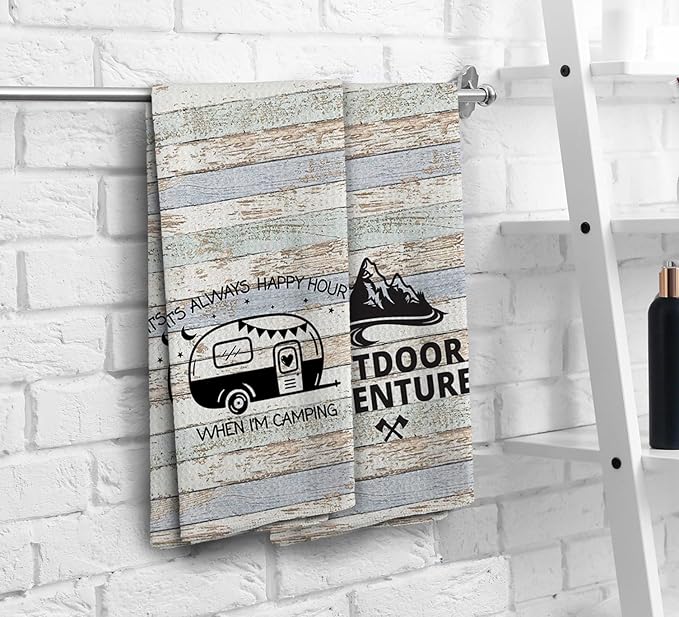Camp Towel, Outdoor Adventures Kitchen Towels, Camping Decoration, Happy Camper RV Accessories, Gifts for Campers, Camping Gifts for Women Men, Set of 2, 16x24