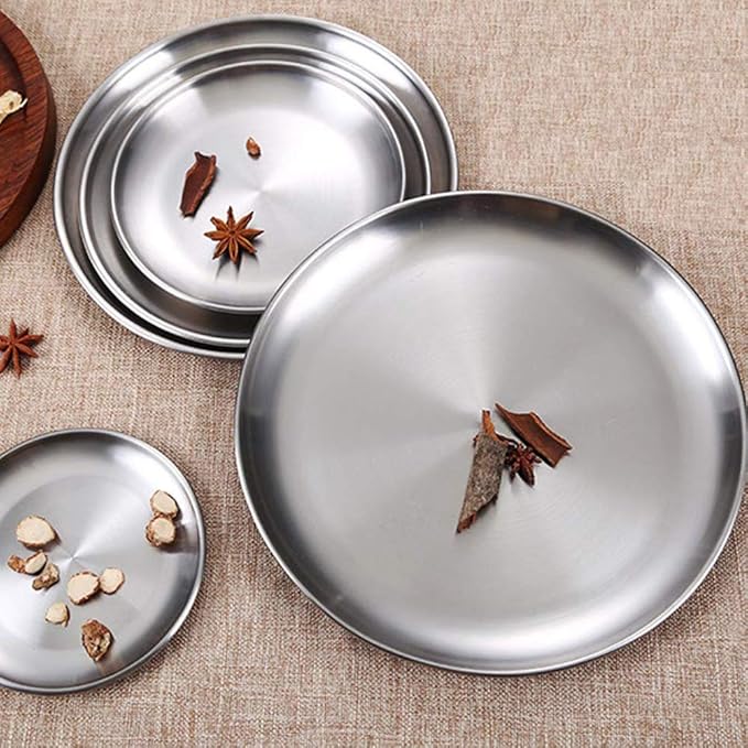 Stainless Steel Plate 2 Set Reusable Round Metal Dinner Plates 12 Inch - Vintage Silver Heavy Duty Kitchenware Dinner Dishes for Serving/Snack/Camping/BBQ Steak,Dishwasher Safe