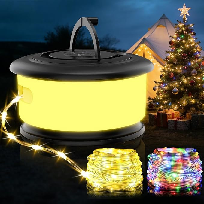 Camping String Lights, 3 in 1 Quick Storage 32.8FT Rechargeable Fairy String Lights with 6 Lighting Modes, Hanging Portable LED Lamp for Christmas Decor Patio Party Camping Essentials