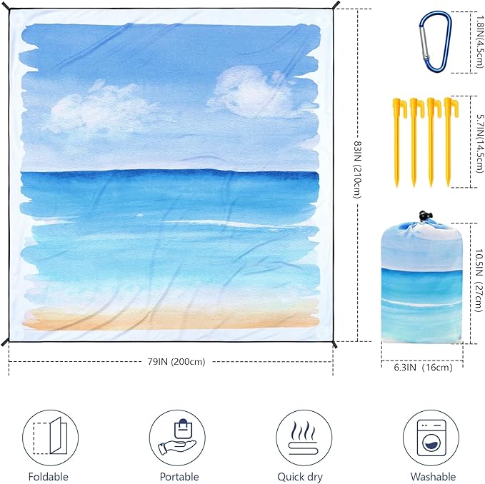 WIWIGO Beach Blanket Waterproof Sandproof Beach Mat 79" X 83"/10'x9'for 2-8 Adults Quick Drying Outdoor Picnic Mat Beach Accessories for Travel, Camping, Hiking