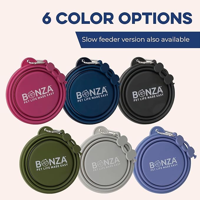Bonza Collapsible Dog Bowls - 2 Pack, Small 12 oz, Dog Travel Accessories, Silicone Portable Dogs Bowl & Water Dish with Reinforced Rim & Carabiner for Hiking, Camping, and Car Trips, Black