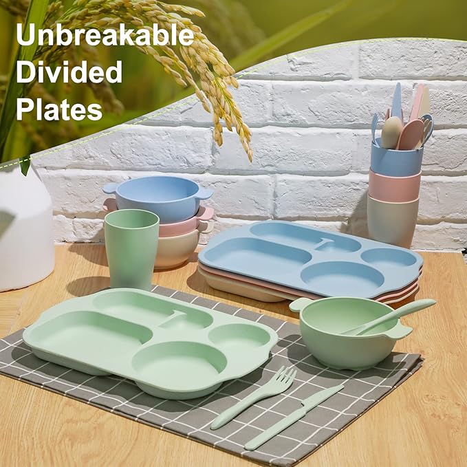 24 Pcs Wheat Straw Dinnerware Cutlery Set for Aldult Including Divided Plates Microwave Dishwasher Safe Bowl Unbreakable Tableware Straw Cutlery Spoon Knife Fork(Beige/pink/green/blue)