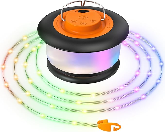 HOMEBEST Upgraded 33FT RGB Camping String Lights, Retractable Camping Lights with Music Sync, 19 Modes, Rechargeable Waterproof Tent Lights, Portable Camping Lantern for Tent, RV, Awning