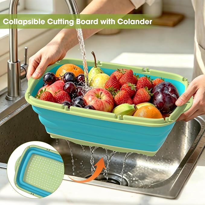 Gintan Camping Cutting Board, 9-in-1 Collapsible Chopping Board with Colander, Kitchen Vegetable Washing Basket for Camping, Camping Gifts Camping essentials for RV Campers (Blue Green)