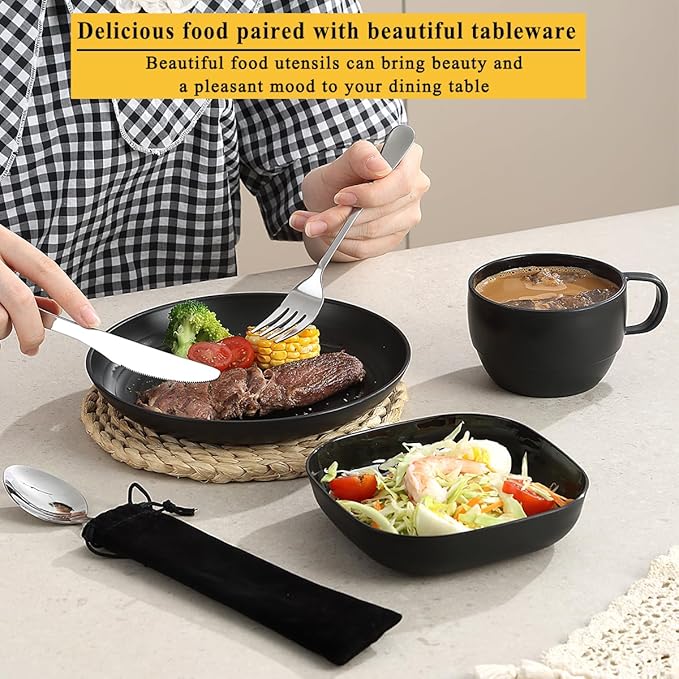 Camping Utensils, ReaNea Camping Plates and Bowls Set with Coffee Mug, Travel Cutlery Include Spoon, Fork, Knife for Home, Poolside, Outdoor, Picnic, Camp