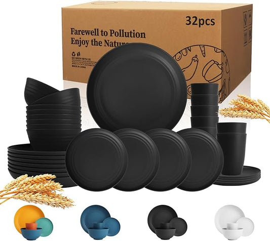 Wrova 32-piece Kitchen Alternative Melamine Wheat Straw Dinnerware Sets,Unbreakbale Dishwasher Safe Kitchen Bowls and Plates Sets with Cups,Apartment Essential Dishes Set for 8.Black Series