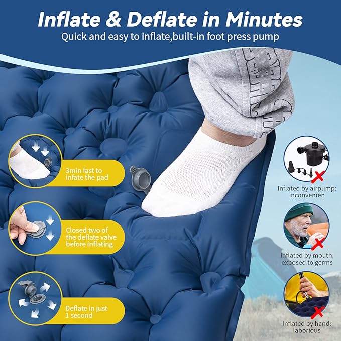 HiiPeak Double Sleeping Pad - Self Inflating 3" Extra-Thick for 2 Person with Pillow Built-in Foot Pump Inflatable Sleeping Mat for Backpacking, Hiking, Traveling, Tent, Portable Camping Mat (Blue)
