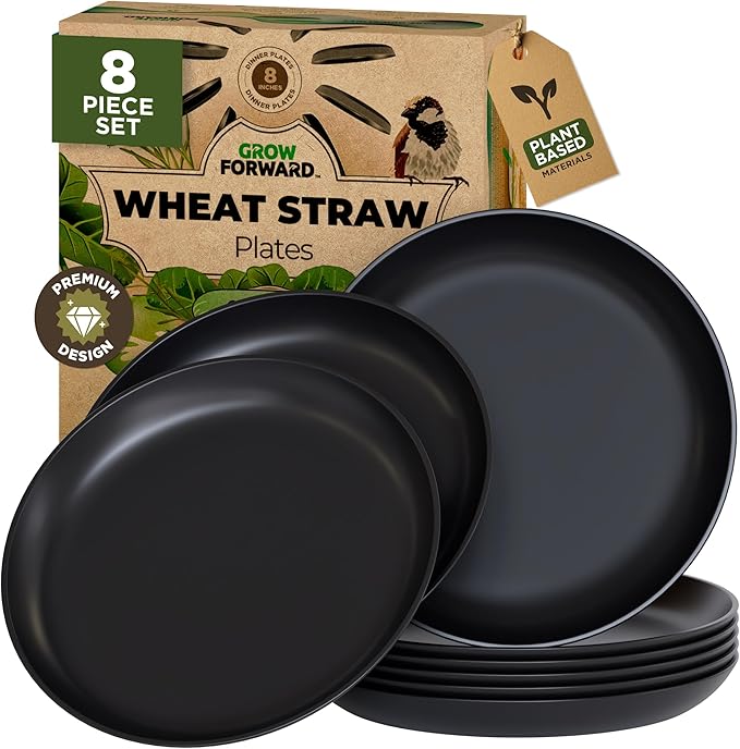 Grow Forward Premium Wheat Straw Plates - 8 Inch Reusable Hard Plastic Dinner Plates Set of 8 - Unbreakable Microwave Safe Plates for Dessert, Camping, RV, Outdoors, Patio, Kitchen Dishes - Midnight