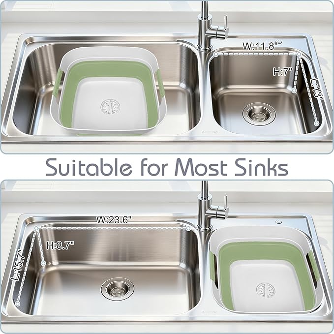 Collapsible Dish Basin with Drain Plug, 2.4 Gal 9L Foldable Wash Basin, Portable Sink Tub for Kitchen, Baby Bottles, Camping, RV, Vegetable Washing and Beverage Tub, Green