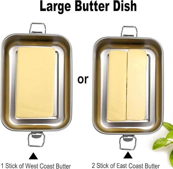 BSTKEY Butter Dish with Lid for Countertop, Stainless Steel Butter Holder Container with Silicone Sealing, Unbreakable Butter Keeper for Kitchen, Holds 1 Stick West or 2 Sticks East Coast Butter