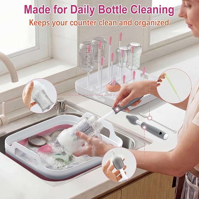 Collapsible Wash Basin for Baby Bottles with Drying Rack – 2.4 Gallon Foldable Dish Tub with Handles, Portable RV Camping Sink & Space-Saving Wash Bin with Lid for Kitchen, Travel & Outdoor, Pink