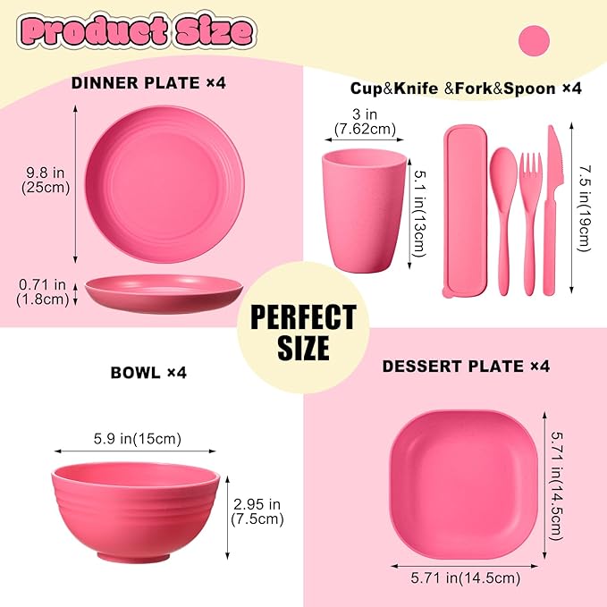 Didaey Wheat Straw Dinnerware Sets Unbreakable Plates and Bowls Microwave Safe Plastic Lightweight Knives Forks Spoons for Kitchen Outdoor Camping Party(Rose Red, 64 Pcs)