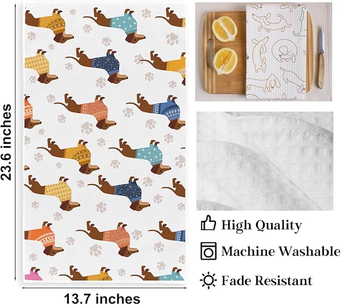 2PCS Cute Dachshund Kitchen Towels, Dog Mom Gifts for Women Reusable Absorbent Waffle Weave Dish Tea Towels for Cleaning, Microfiber Kitchen Towel, Weiner Dog Gifts for Women Dogs Lovers Friend
