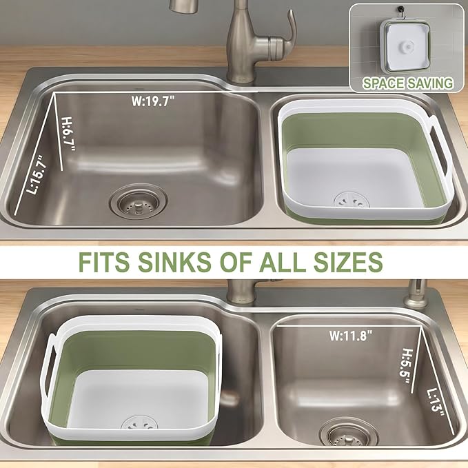 Collapsible Wash Basin for Baby Bottles with Drying Rack – 2.4 Gallon Foldable Dish Tub with Handles, Portable RV Camping Sink & Space-Saving Wash Bin with Lid for Kitchen, Travel & Outdoor, Green