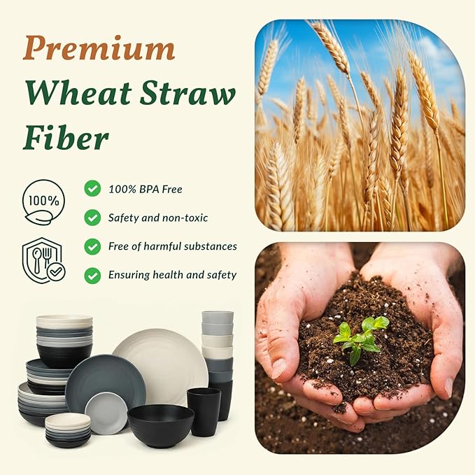 Homienly 40 PCS Wheat Straw Dinnerwave Sets for 8 Unbreakable Plates and Bowls Sets with Cups & Saucers, Microwave Dishwasher Safe Dishes Sets for Kitchen, Camping, RV, Party, Stackable (Gery Stone)